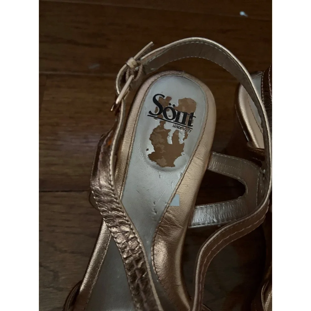 Sofft Rose Gold Metallic Leather Strappy Cork‎ Wedge Sandals Womens 9M